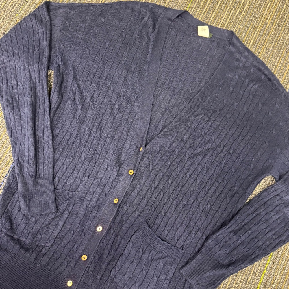 J.Crew Cardigan Women XL Navy Blue Excellent 100% Linen Cable Knit V-Neck 77253